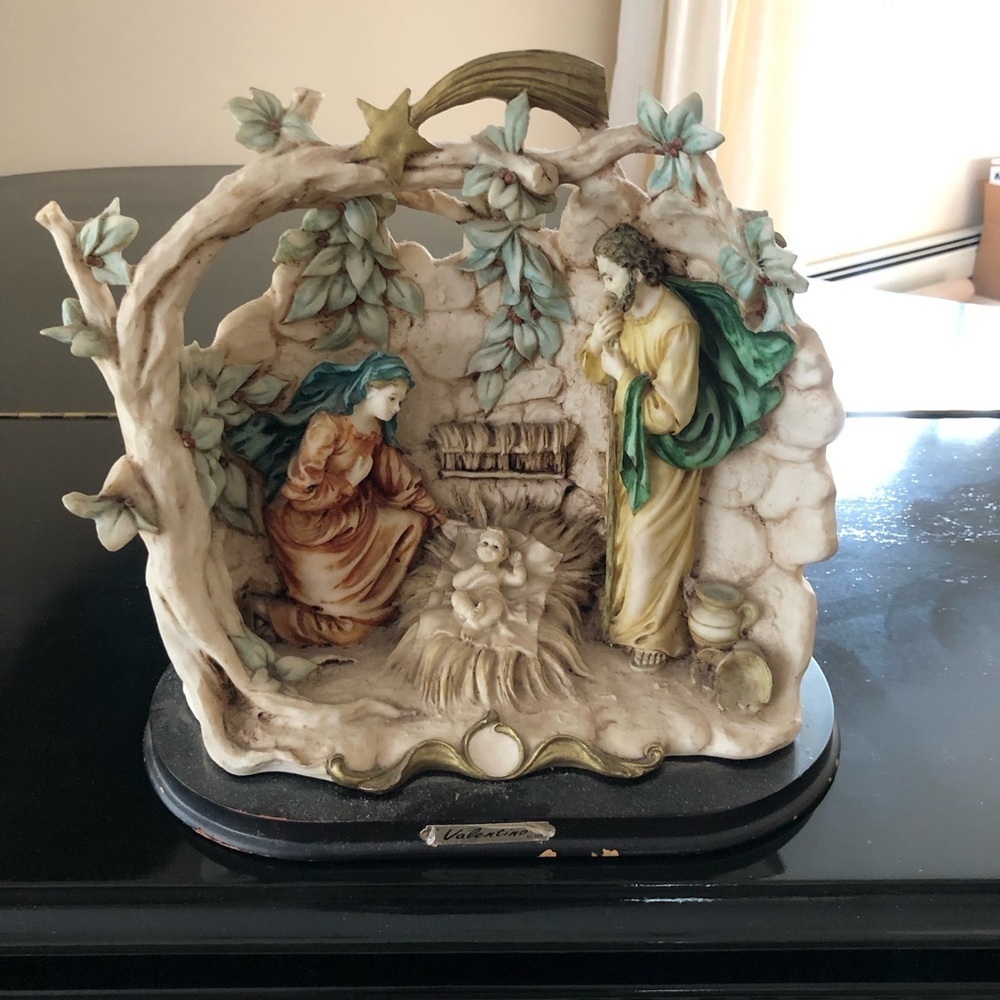 Vintage Resin & Wood Holy Family Nativity Statue